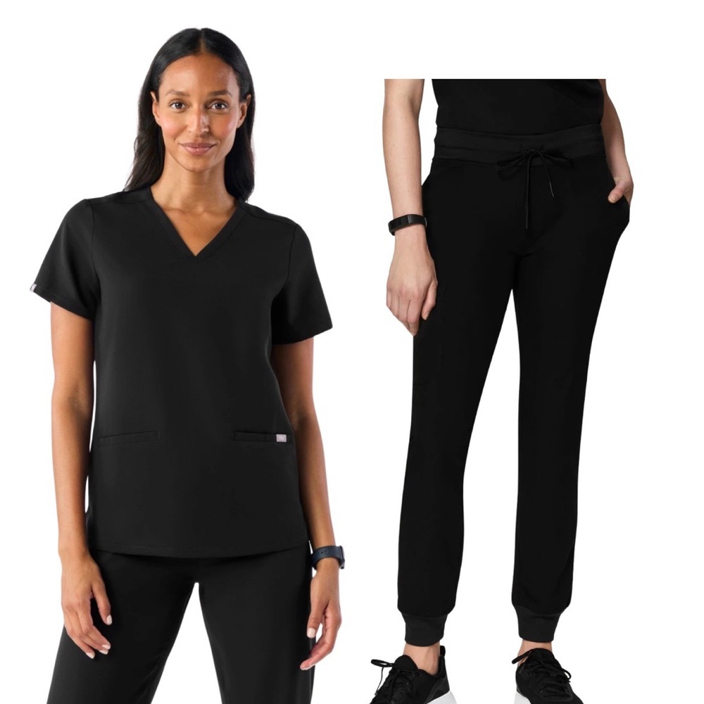 Figs Women's Scrub Set Black Jogger Pants & 3 Pocket Top